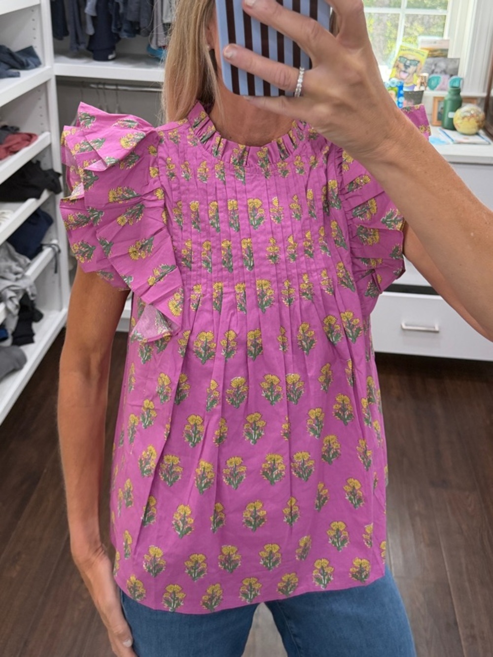 Avara Women’s Pink Floral Ruffle Sleeve Top S NWT